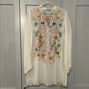 Johnny Was Floral Embroidered Sheer Top/Tunic